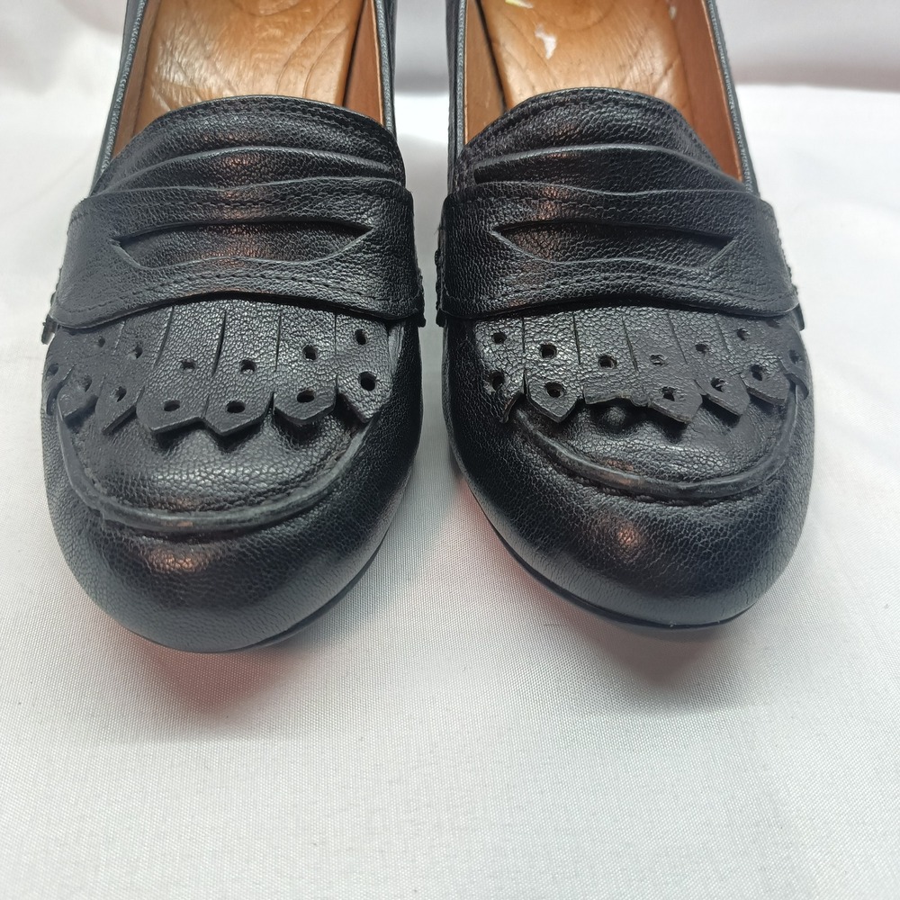 Clarks Womens Black Leather Kiltie Penny Loafer Block Heels Size 7.5M Preppy - Picture 3 of 9